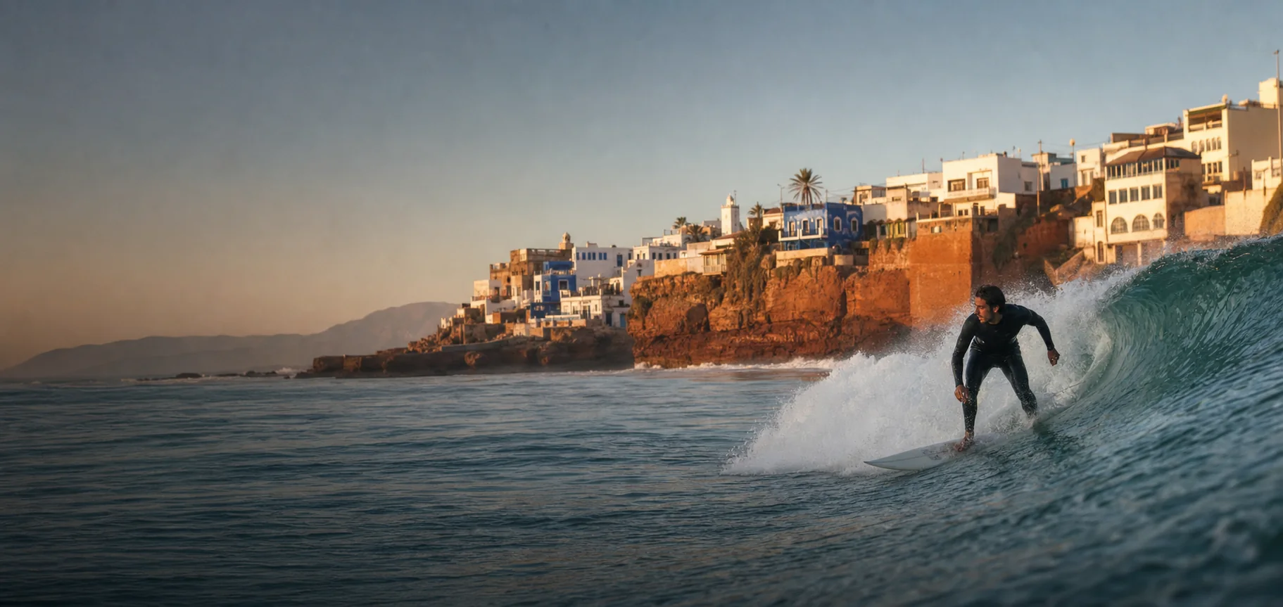 Surfer riding an Atlantic wave below a Moroccan coastal village